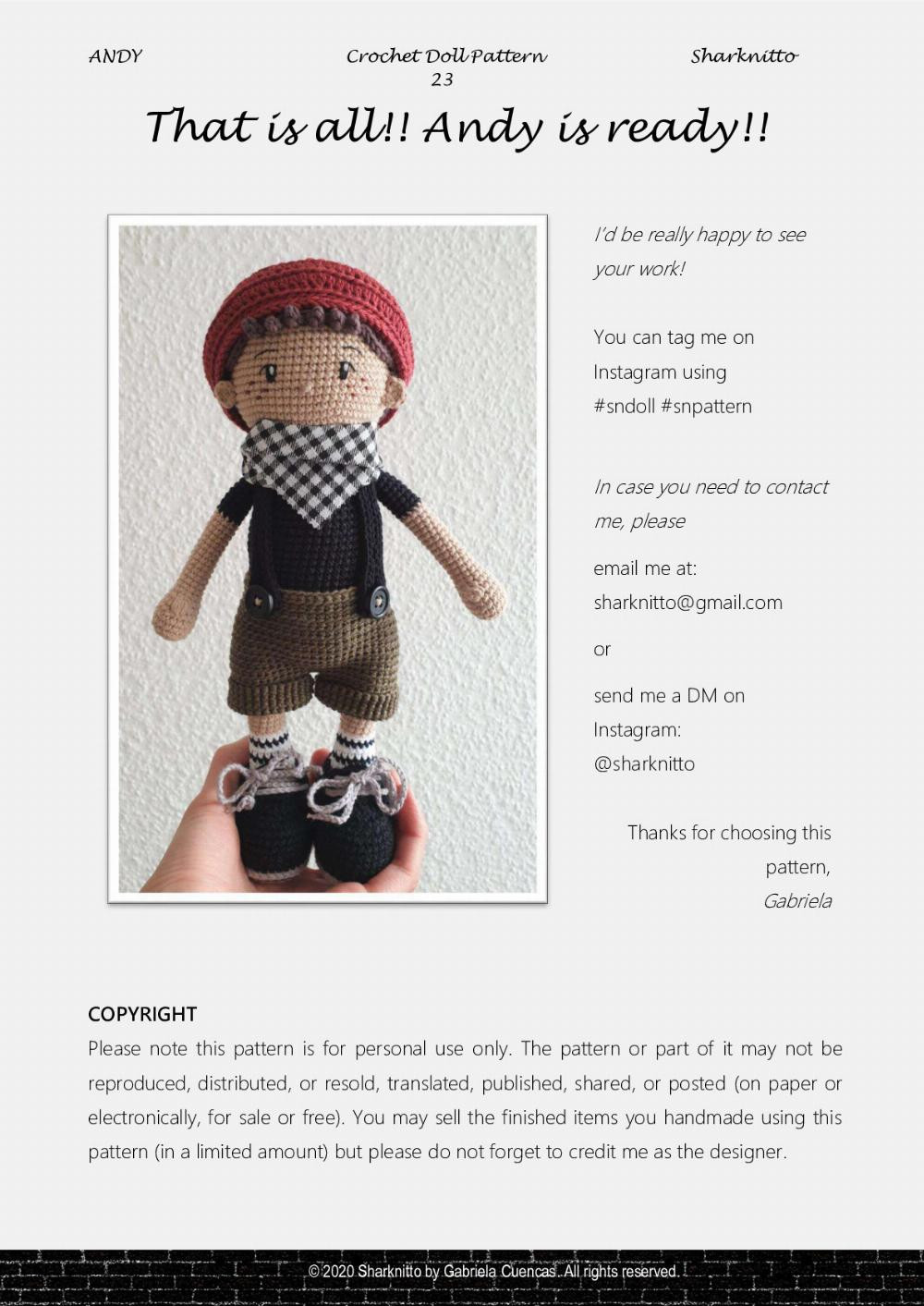 Sharknitto, andy, Crochet pattern for a boy doll wearing a wool hat