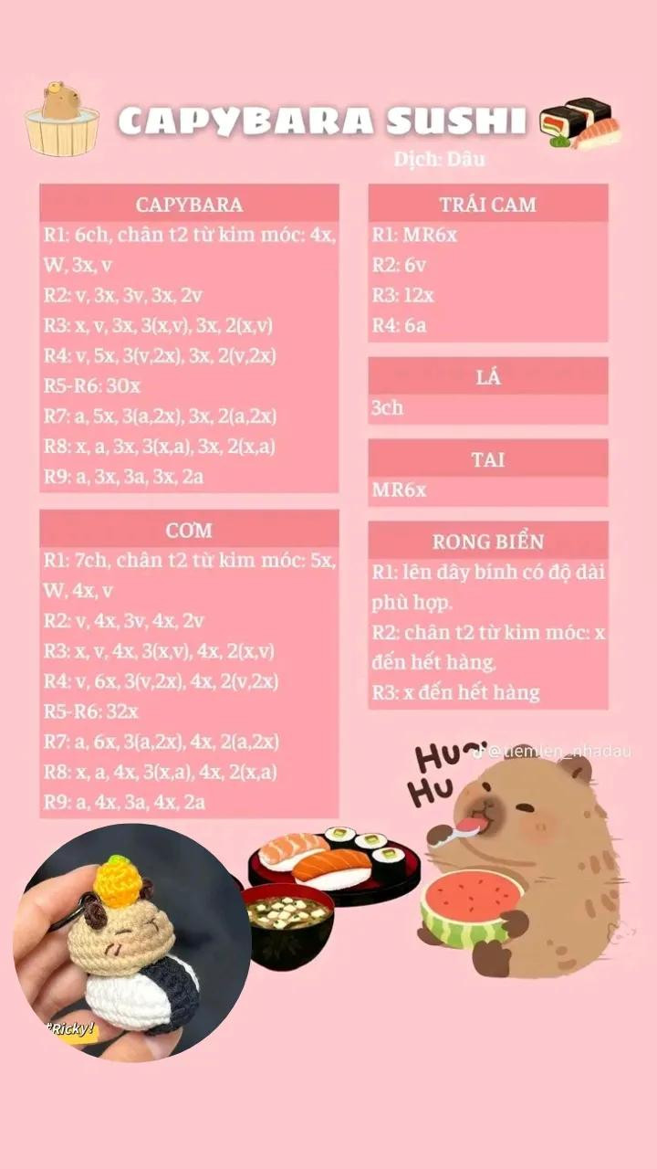 Tổng hợp 8 chart móc đơn giản cho người mới Thỏ miffy, Chuột ôm phô mai, Capybara sushi, Hà mã trắng, bé kem tay minion, bé vô diện, Bánh, bé lục lạc.