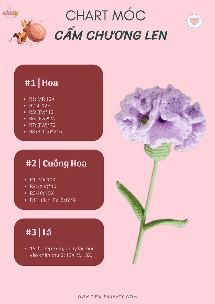 Tổng hợp chart móc hoa từ len: hoa đào, hoa cẩm chướng, hoa chuông, hoa lavender, hoa tiểu lily, hoa tulip, hoa anh túc, chart móc hoa ly, hoa hồng nở nhiều màu, hoa mẫu đơn, hoa tulip, hoa cúc họa mi, Hoa hướng dương,hoa sen len,