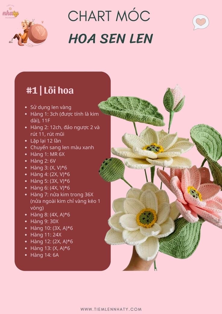 Tổng hợp chart móc hoa từ len: hoa đào, hoa cẩm chướng, hoa chuông, hoa lavender, hoa tiểu lily, hoa tulip, hoa anh túc, chart móc hoa ly, hoa hồng nở nhiều màu, hoa mẫu đơn, hoa tulip, hoa cúc họa mi, Hoa hướng dương,hoa sen len,