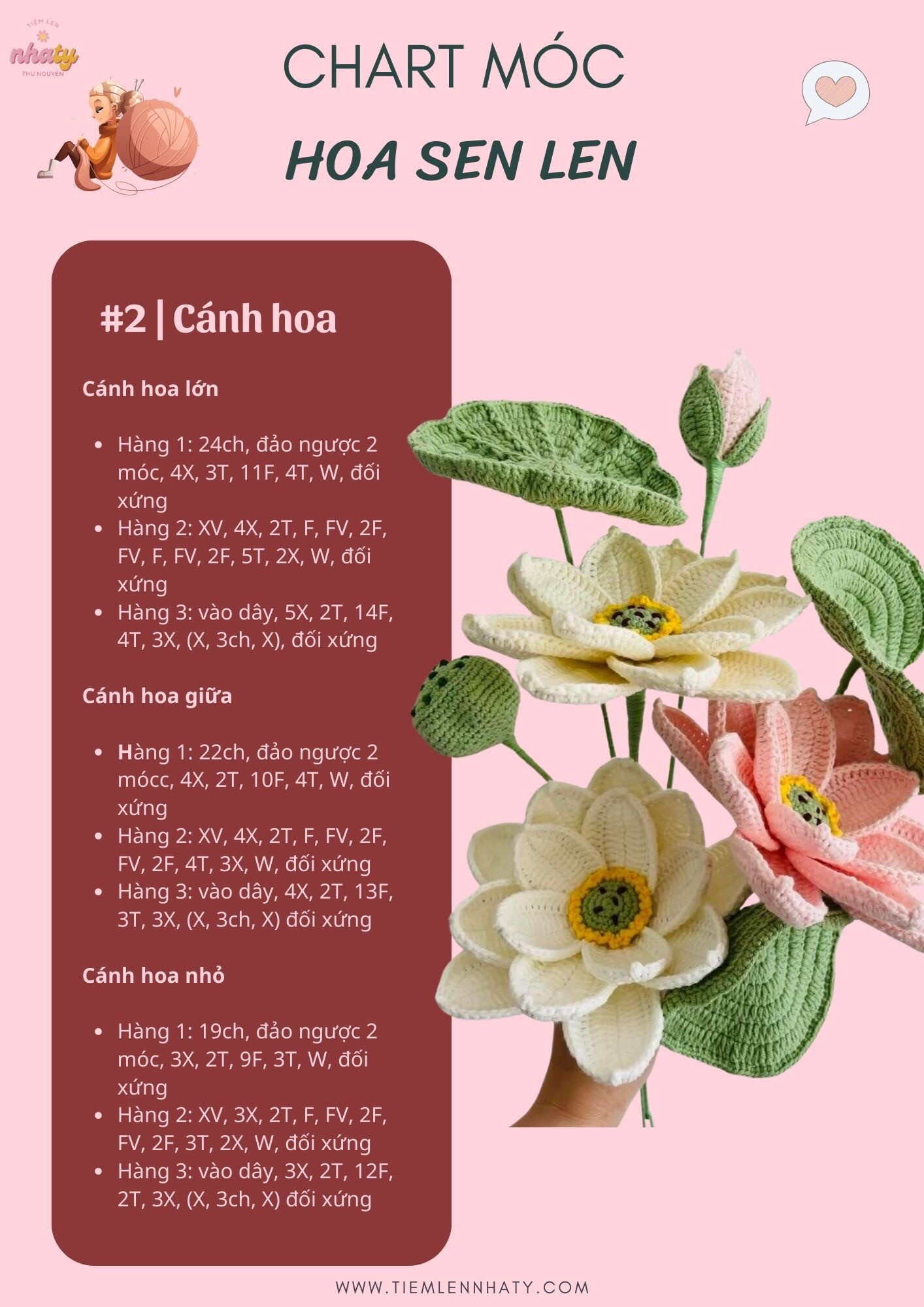 Tổng hợp chart móc hoa từ len: hoa đào, hoa cẩm chướng, hoa chuông, hoa lavender, hoa tiểu lily, hoa tulip, hoa anh túc, chart móc hoa ly, hoa hồng nở nhiều màu, hoa mẫu đơn, hoa tulip, hoa cúc họa mi, Hoa hướng dương,hoa sen len,