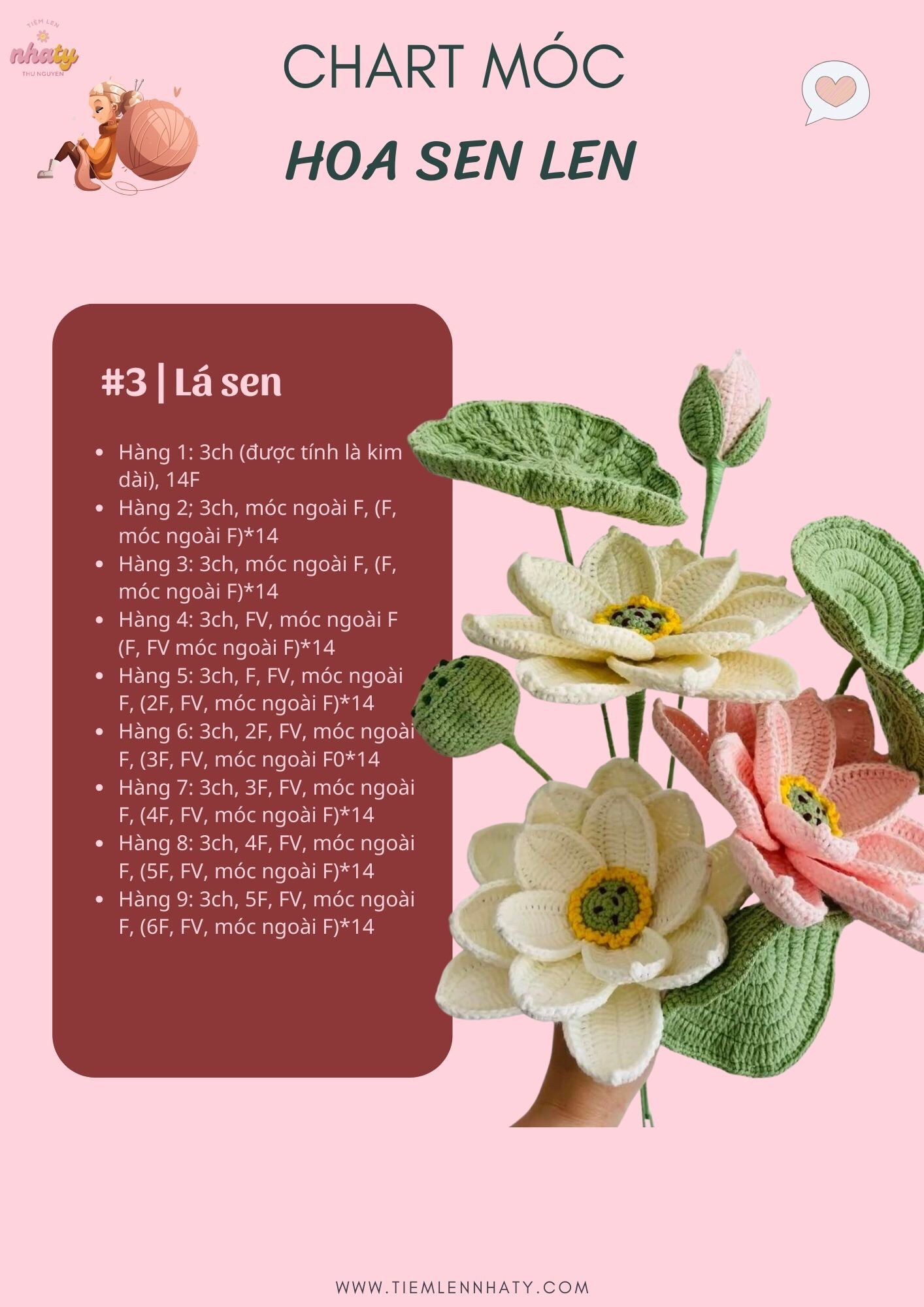 Tổng hợp chart móc hoa từ len: hoa đào, hoa cẩm chướng, hoa chuông, hoa lavender, hoa tiểu lily, hoa tulip, hoa anh túc, chart móc hoa ly, hoa hồng nở nhiều màu, hoa mẫu đơn, hoa tulip, hoa cúc họa mi, Hoa hướng dương,hoa sen len,