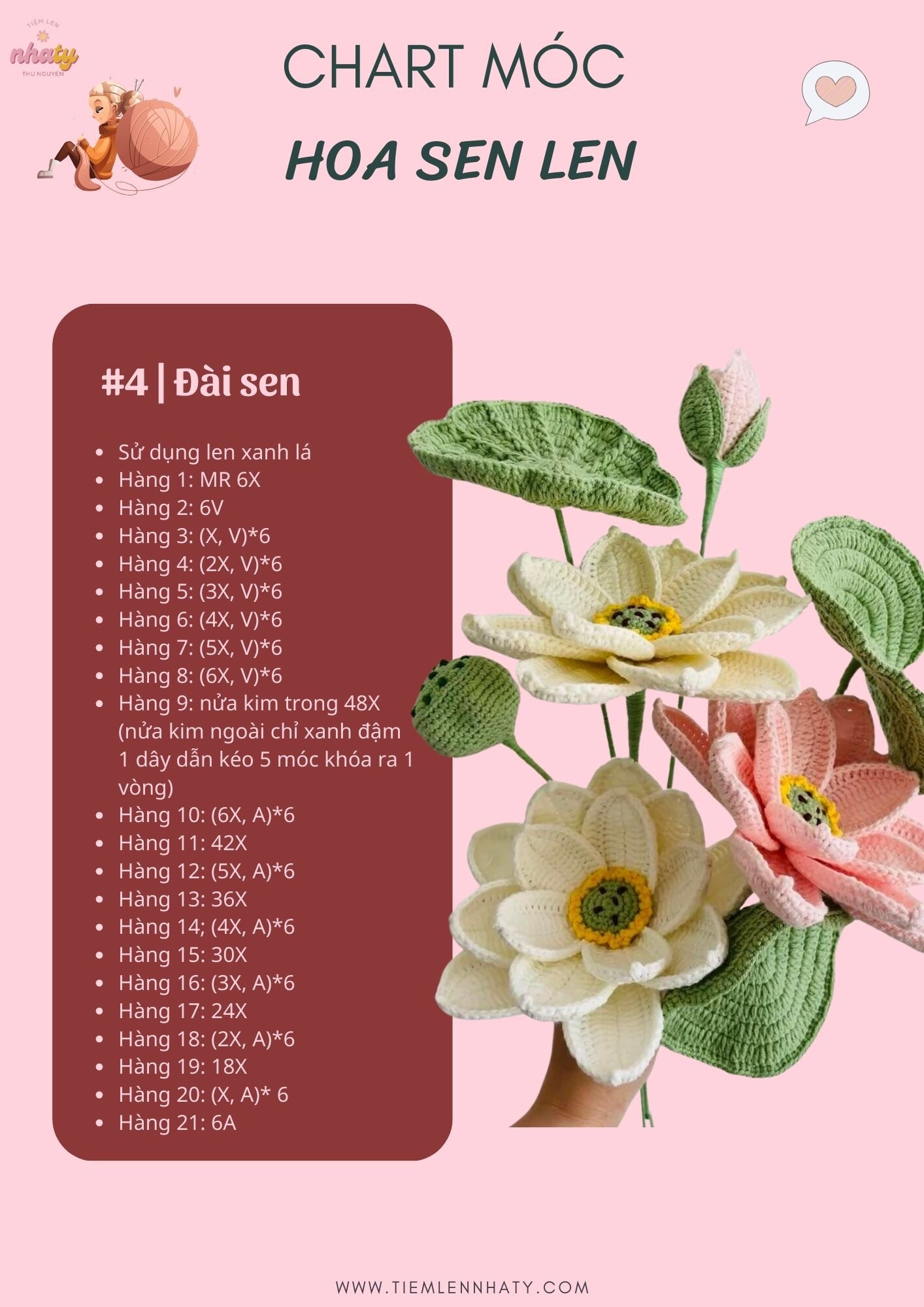 Tổng hợp chart móc hoa từ len: hoa đào, hoa cẩm chướng, hoa chuông, hoa lavender, hoa tiểu lily, hoa tulip, hoa anh túc, chart móc hoa ly, hoa hồng nở nhiều màu, hoa mẫu đơn, hoa tulip, hoa cúc họa mi, Hoa hướng dương,hoa sen len,