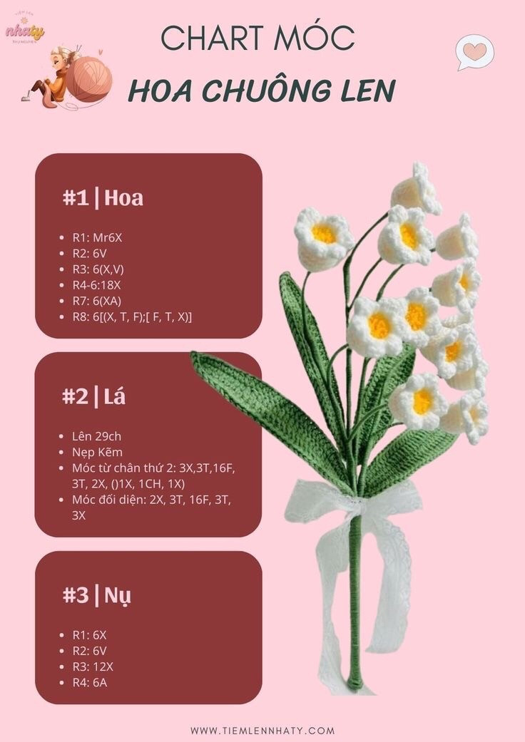 Tổng hợp chart móc hoa từ len: hoa đào, hoa cẩm chướng, hoa chuông, hoa lavender, hoa tiểu lily, hoa tulip, hoa anh túc, chart móc hoa ly, hoa hồng nở nhiều màu, hoa mẫu đơn, hoa tulip, hoa cúc họa mi, Hoa hướng dương,hoa sen len,