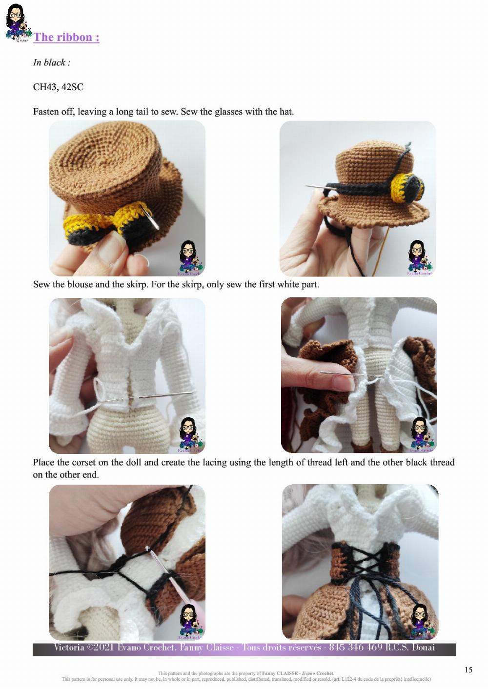 victoria evano crochet fanny claisse, Crochet pattern for a doll wearing a dress and a hat