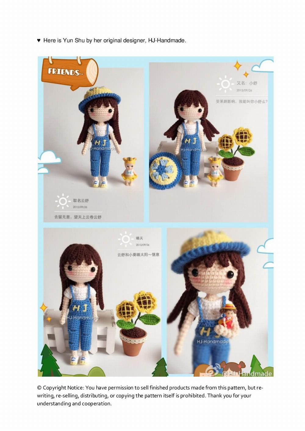 yun shu, Japanese girl doll crochet pattern wearing overalls