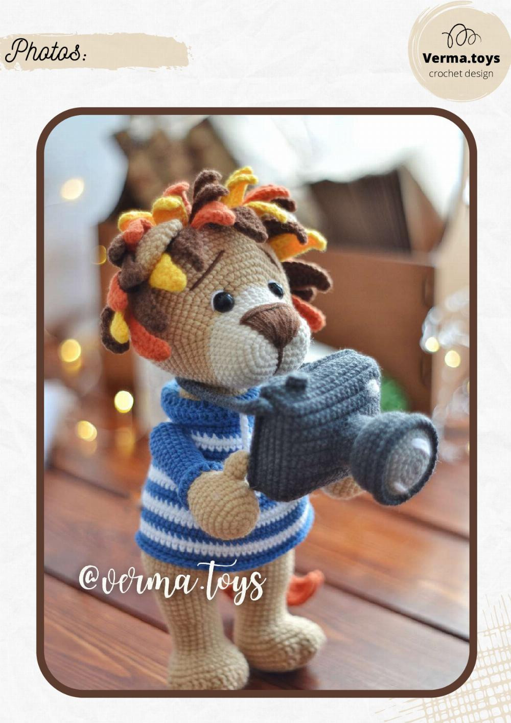 alain the lion, lion and camera crochet pattern