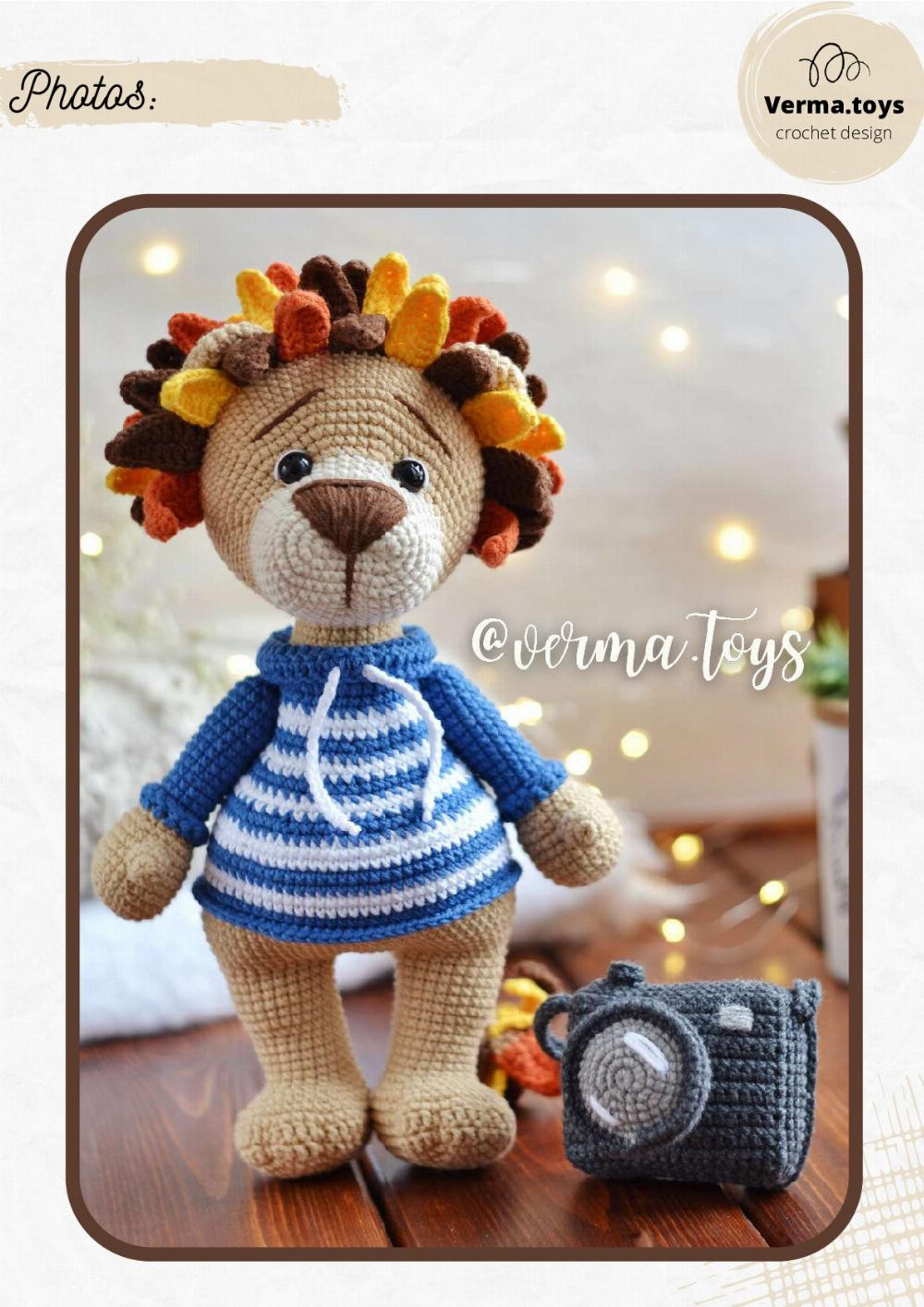 alain the lion, lion and camera crochet pattern