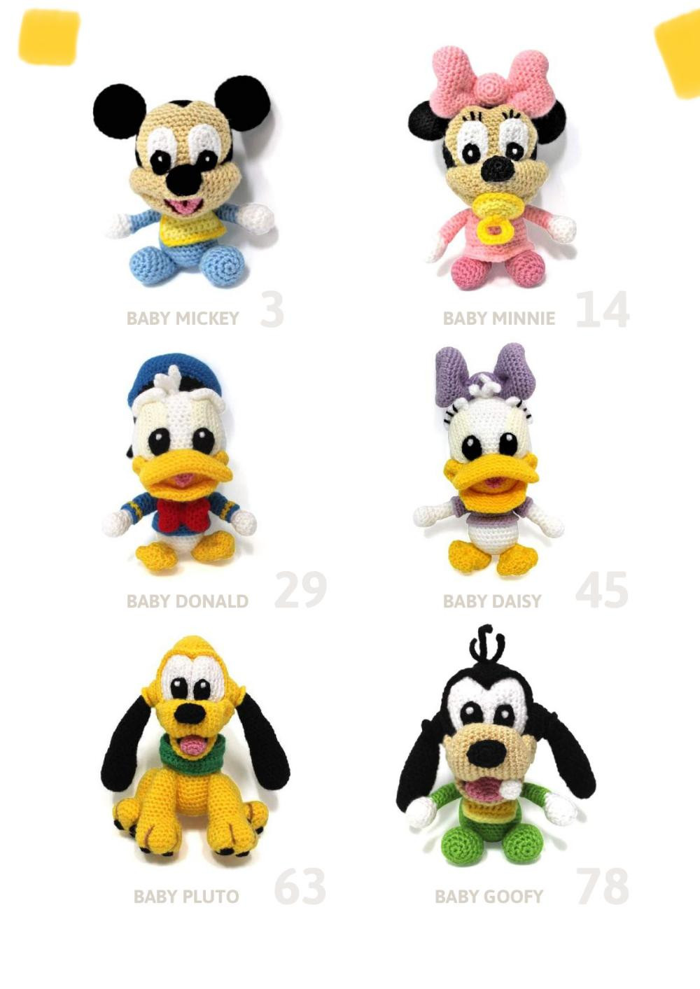 baby disney 6 amigurumi patterns, baby mickey, baby minnie, baby donald, baby daisy, baby pluto, baby goofy,