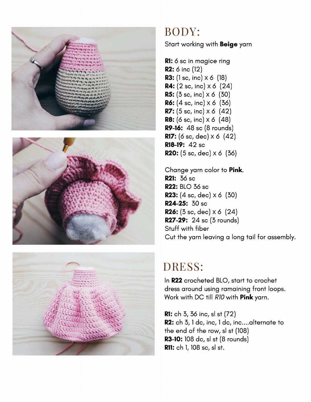 BABY EVA, Crochet pattern for a dog doll wearing a hip-colored dress and a white bow