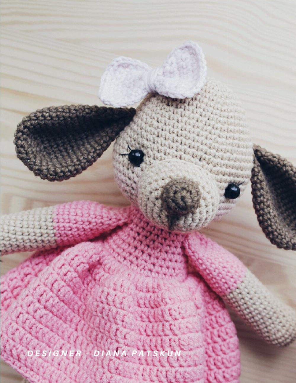 BABY EVA, Crochet pattern for a dog doll wearing a hip-colored dress and a white bow