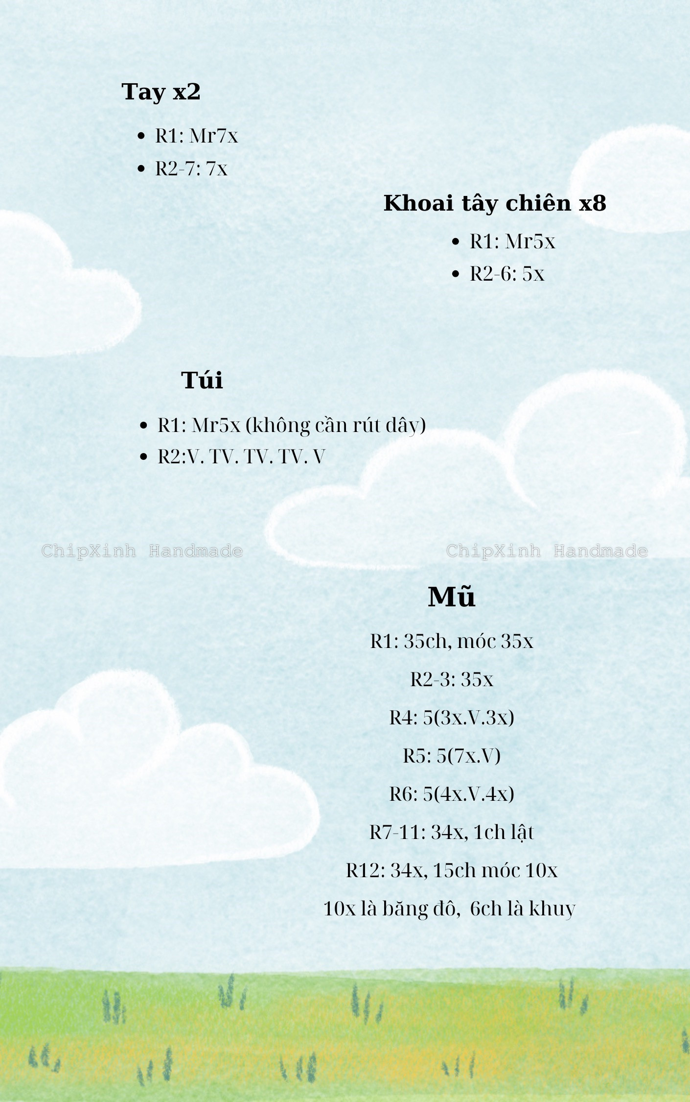 chart hướng dẫn móc len khoai tây chiên