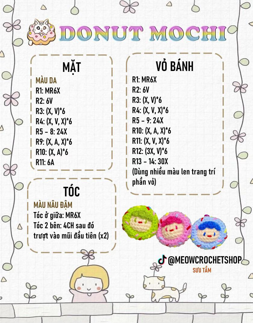 CHART móc khóa DONUT MOCHI 🍩 Chart đơn giản cho người mới bắt đầu móc len đây ạ 🥰 follow mình để nhận thêm nhiều chart xinh nữa nhé ♥️ #crochet  #handmade  #meowcrochetshop  #mthandmade  #viral  #maithi