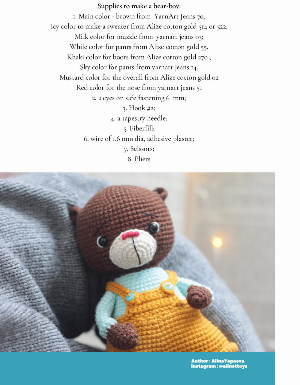 Crochet pattern brown bear wearing orange dress