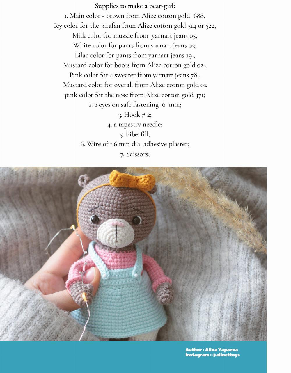 Crochet pattern brown bear wearing orange dress