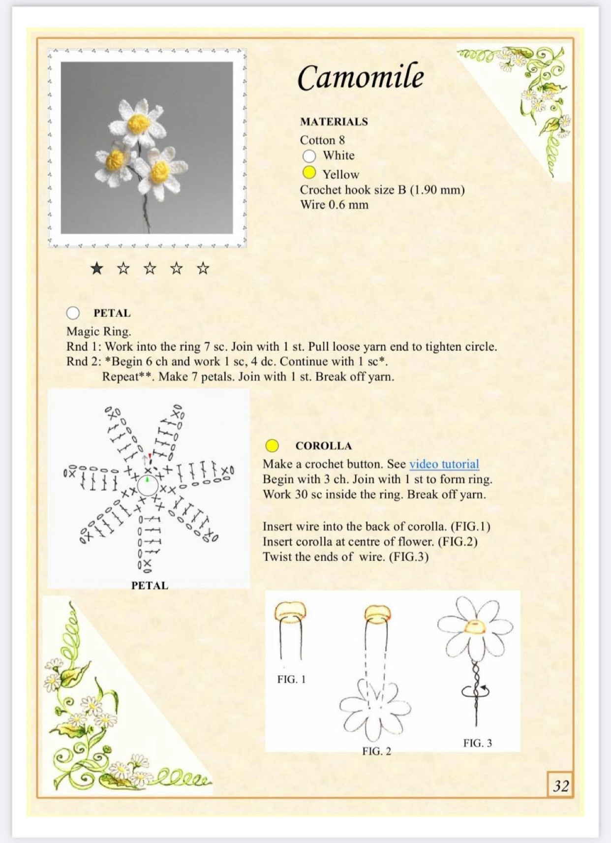 Crochet pattern Collection of crochet patterns for 10 types of flowers: calla lily, little rose, pansy, camomile, forget me not, bud, unopened bud, leaf, decorative curl