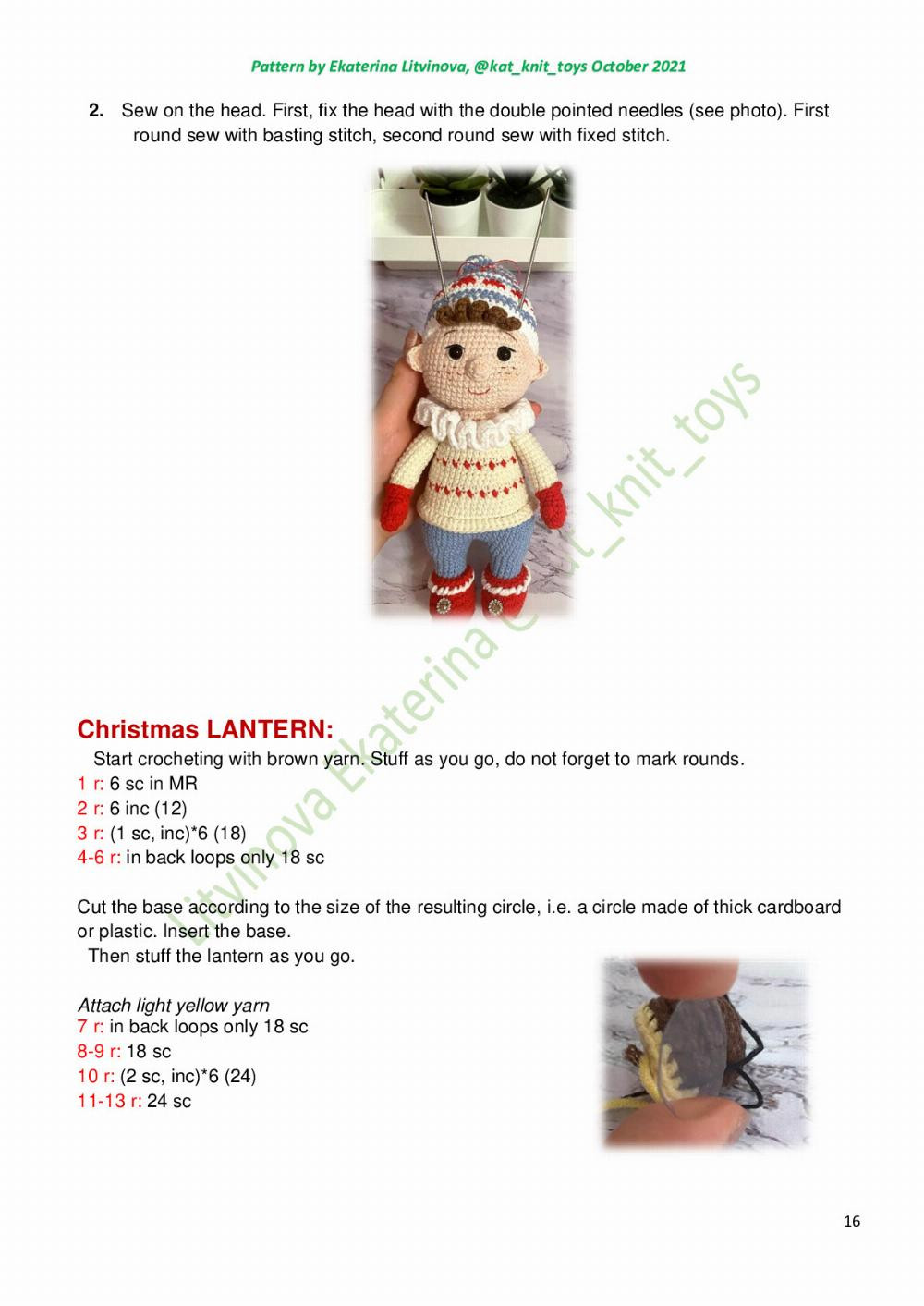 Crochet pattern for a boy doll wearing winter clothes wearing a wool hat and carrying a lamp