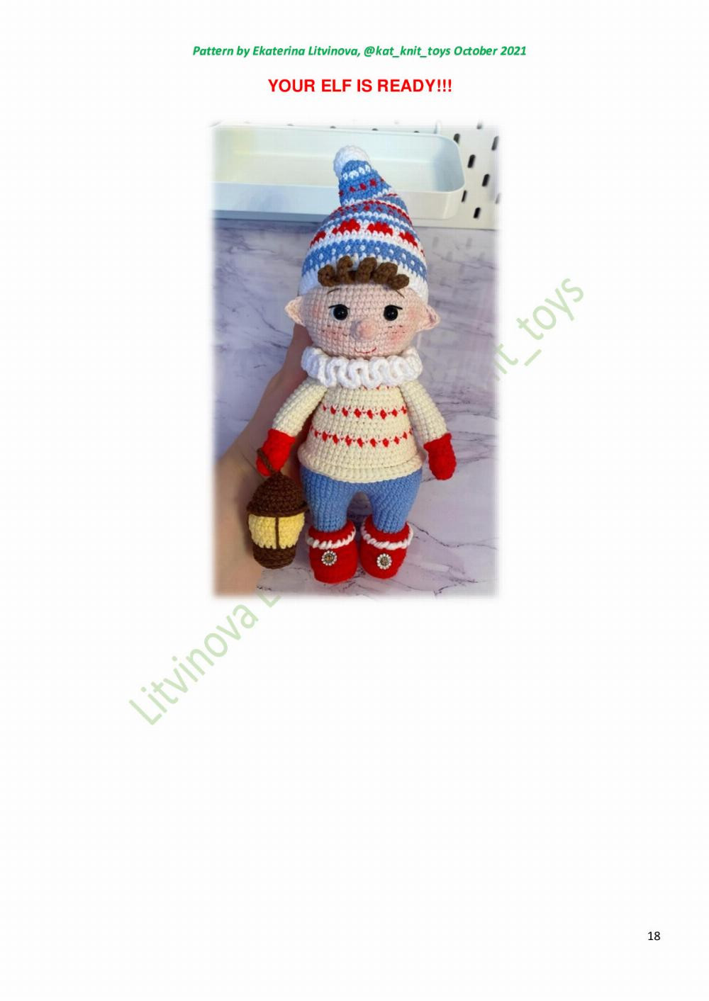 Crochet pattern for a boy doll wearing winter clothes wearing a wool hat and carrying a lamp