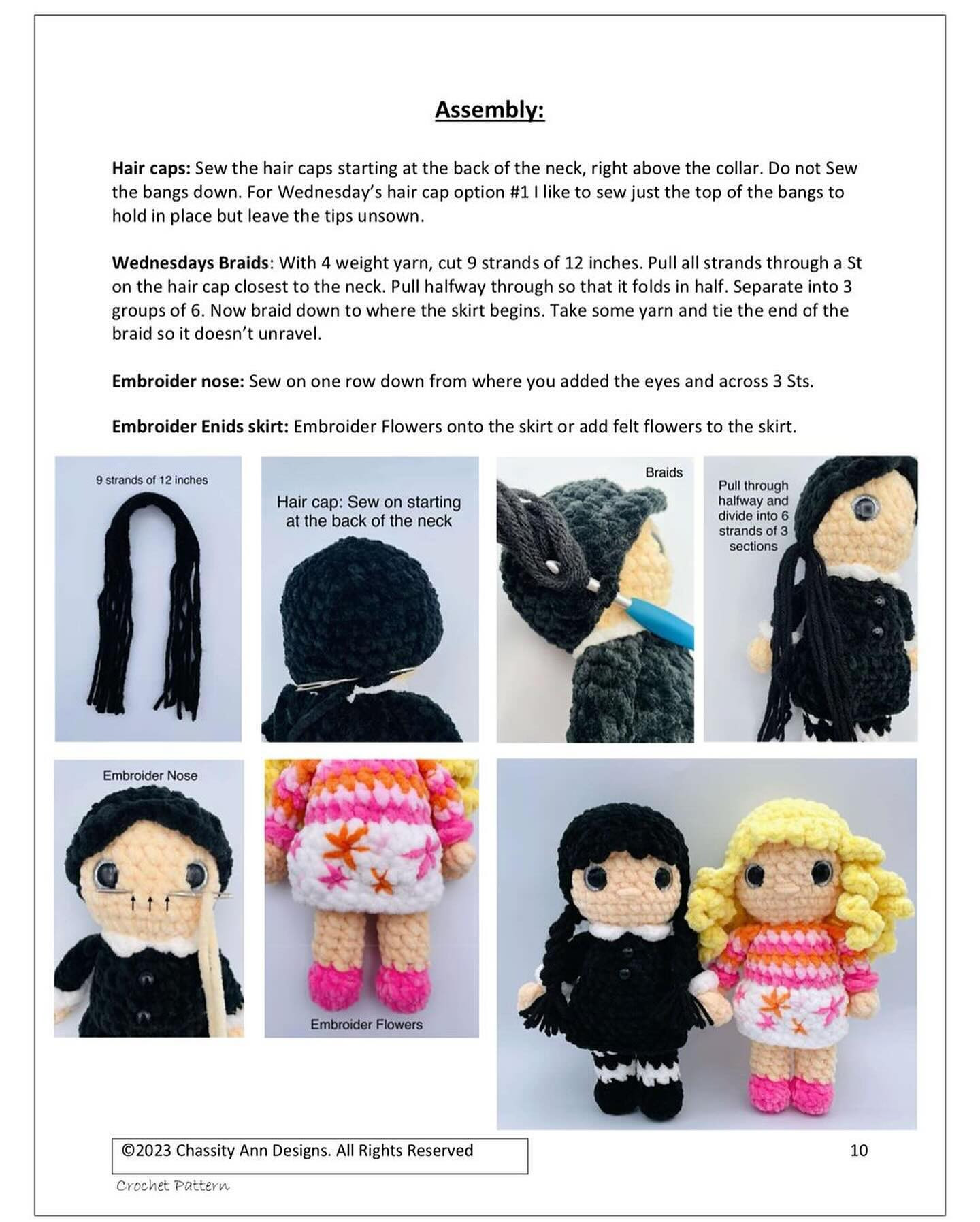 Crochet pattern for a doll wearing a black dress and a doll wearing a pink dress and blonde hair.