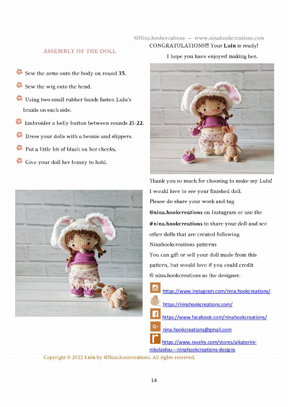 Crochet pattern for a doll wearing a bunny hat