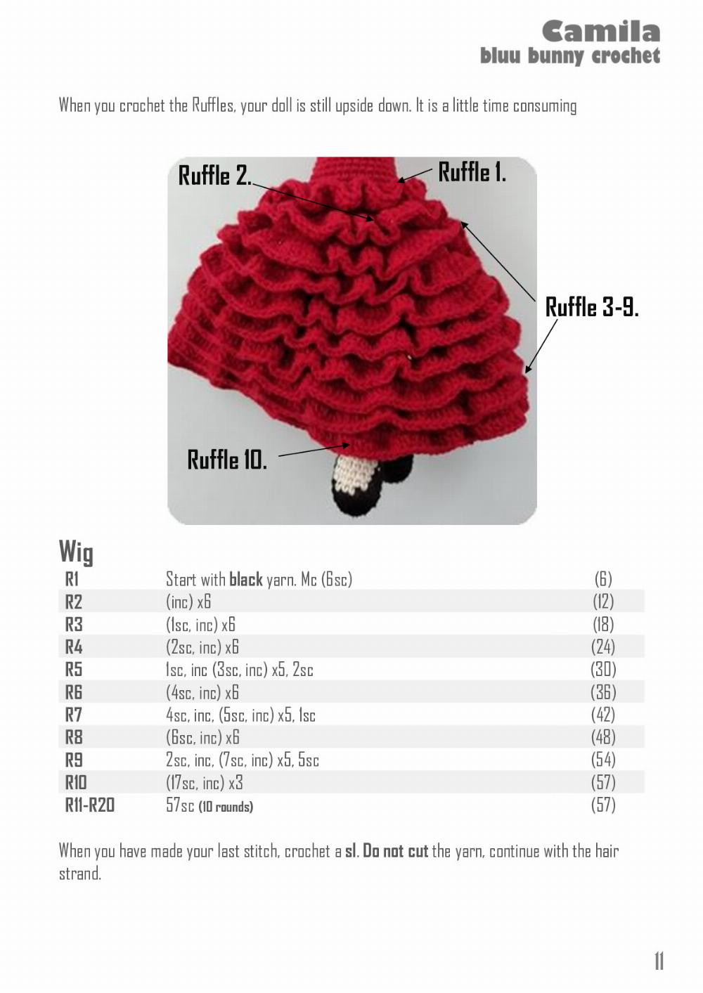 Crochet pattern for a girl doll wearing a red dress and black hair