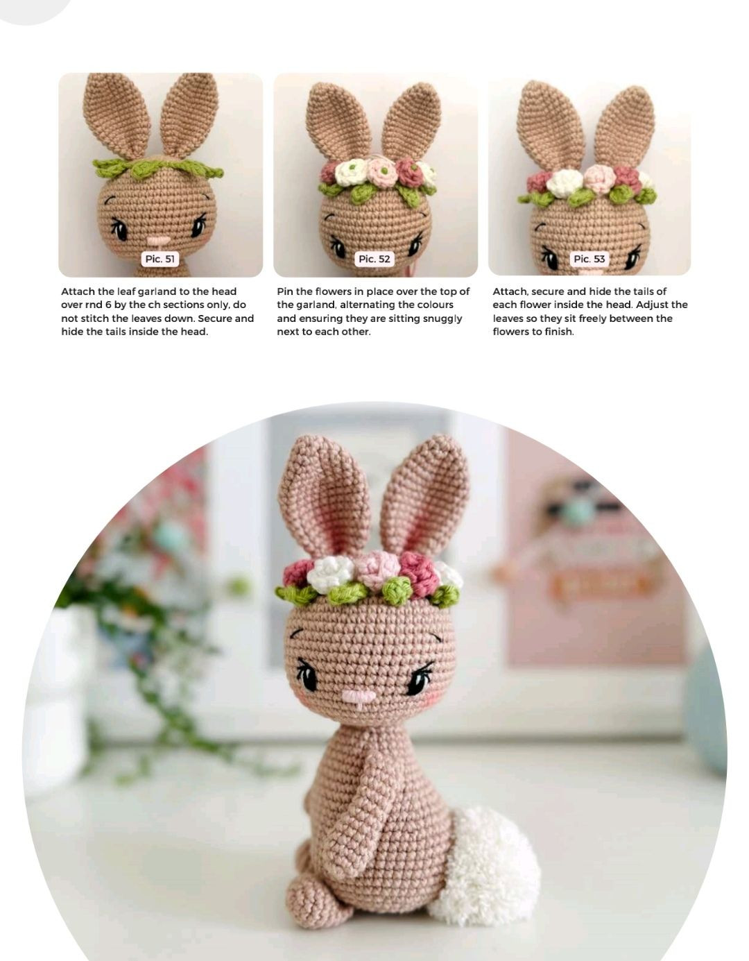 Crochet pattern for a rabbit wearing a wreath