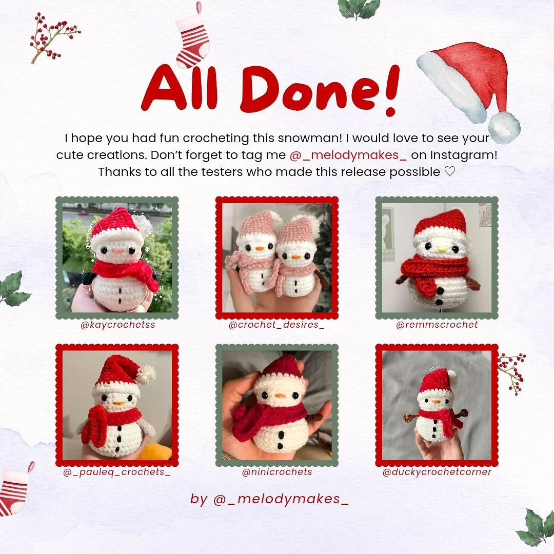 Crochet pattern for a snowman wearing a Santa hat