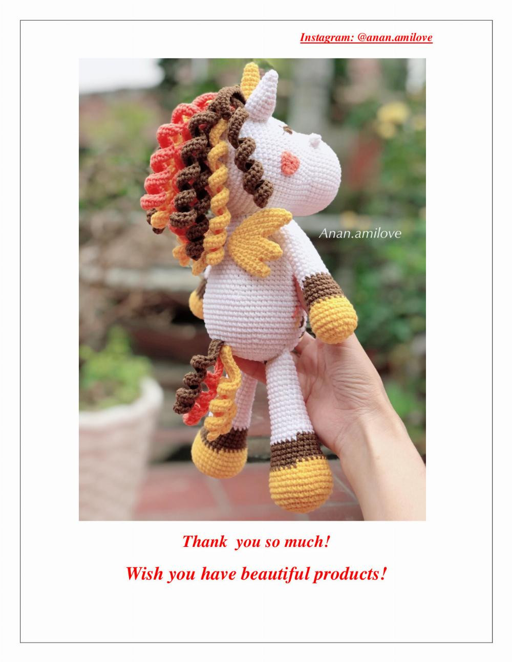 Crochet pattern for a unicorn horse with white and yellow horns