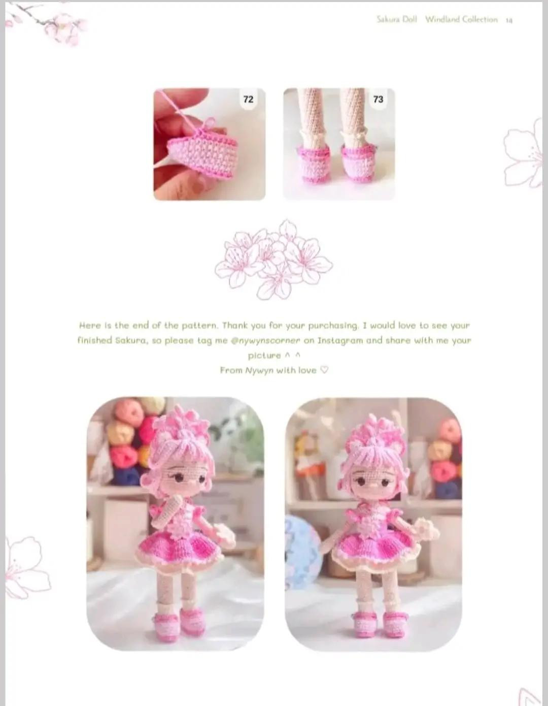 Crochet pattern for doll wearing pink dress, pink hair, pink shoes