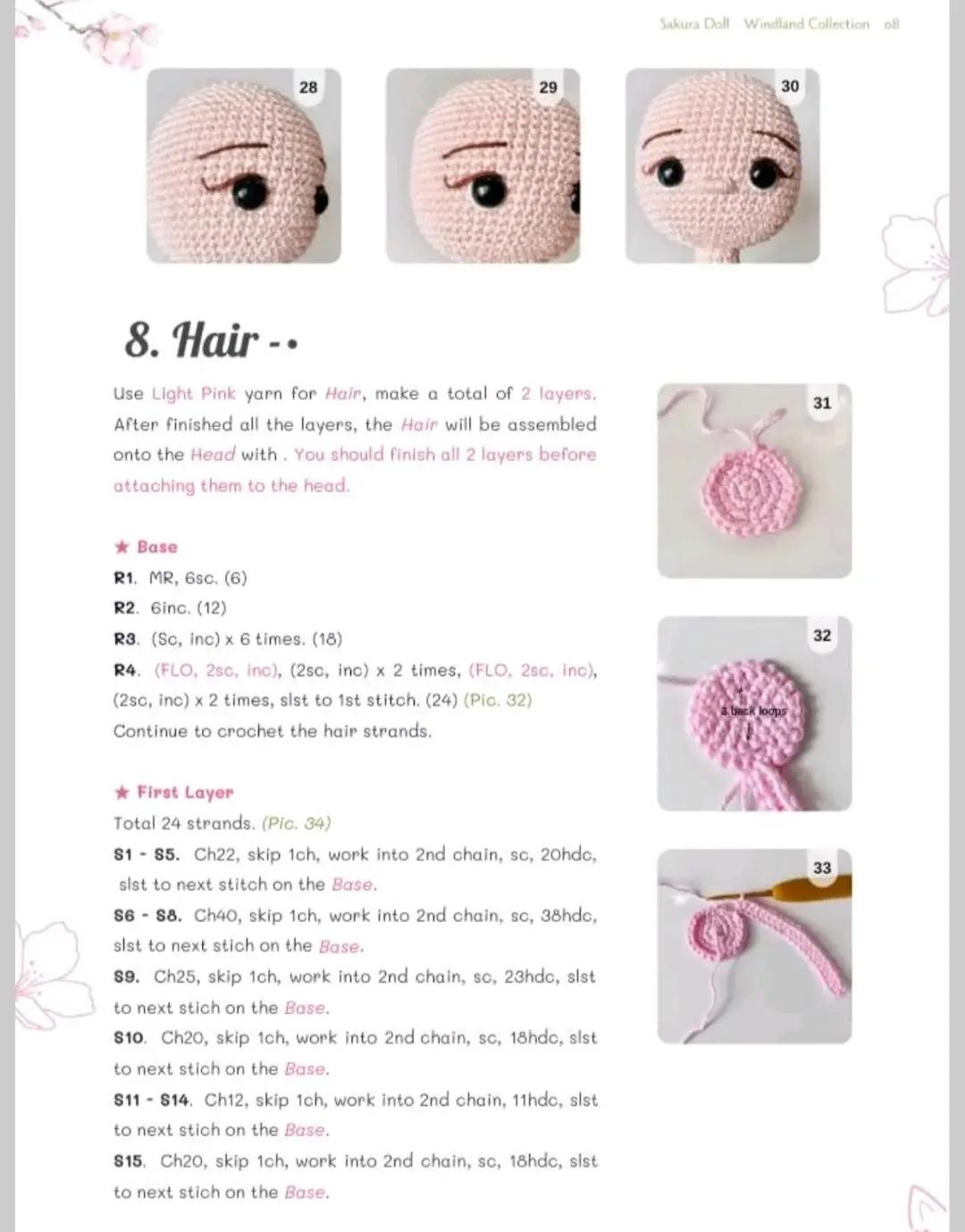 Crochet pattern for doll wearing pink dress, pink hair, pink shoes