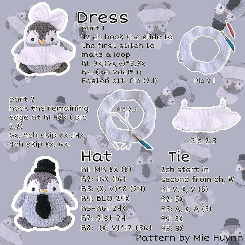 Crochet pattern of a penguin wearing a skirt, hat, and tie