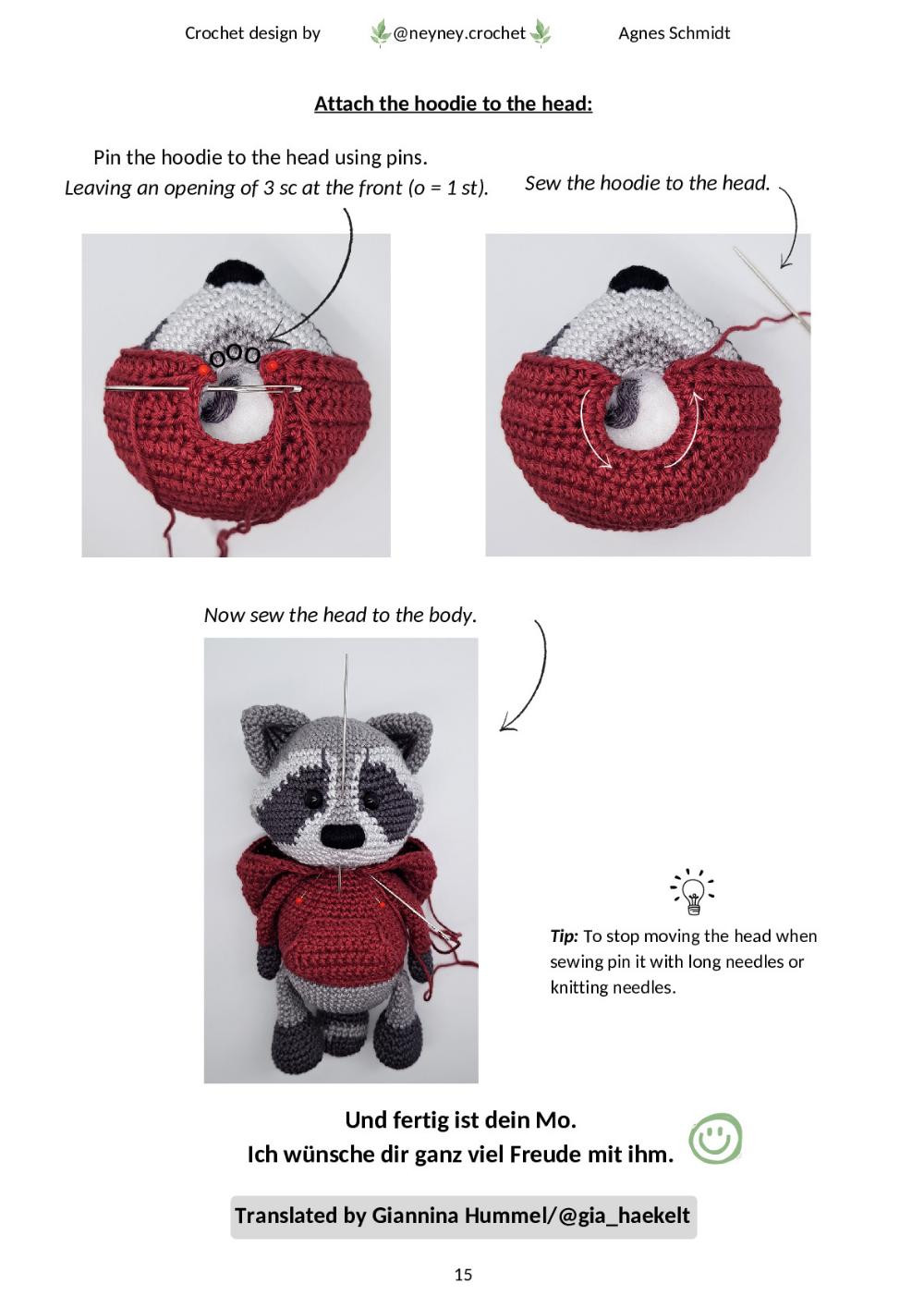 Crochet pattern of a raccoon wearing a jacket