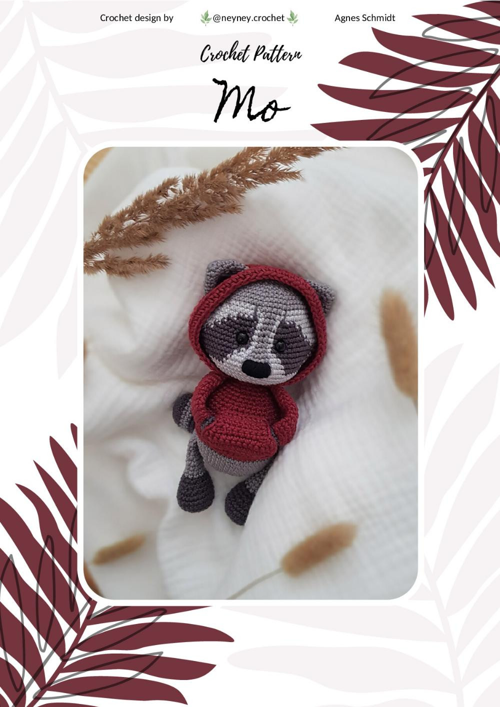 Crochet pattern of a raccoon wearing a jacket