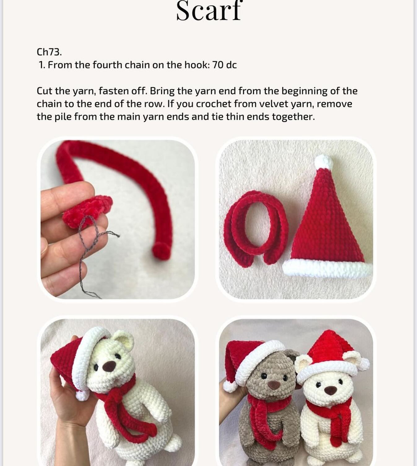 Crochet pattern of white bear, brown bear wearing Santa hat