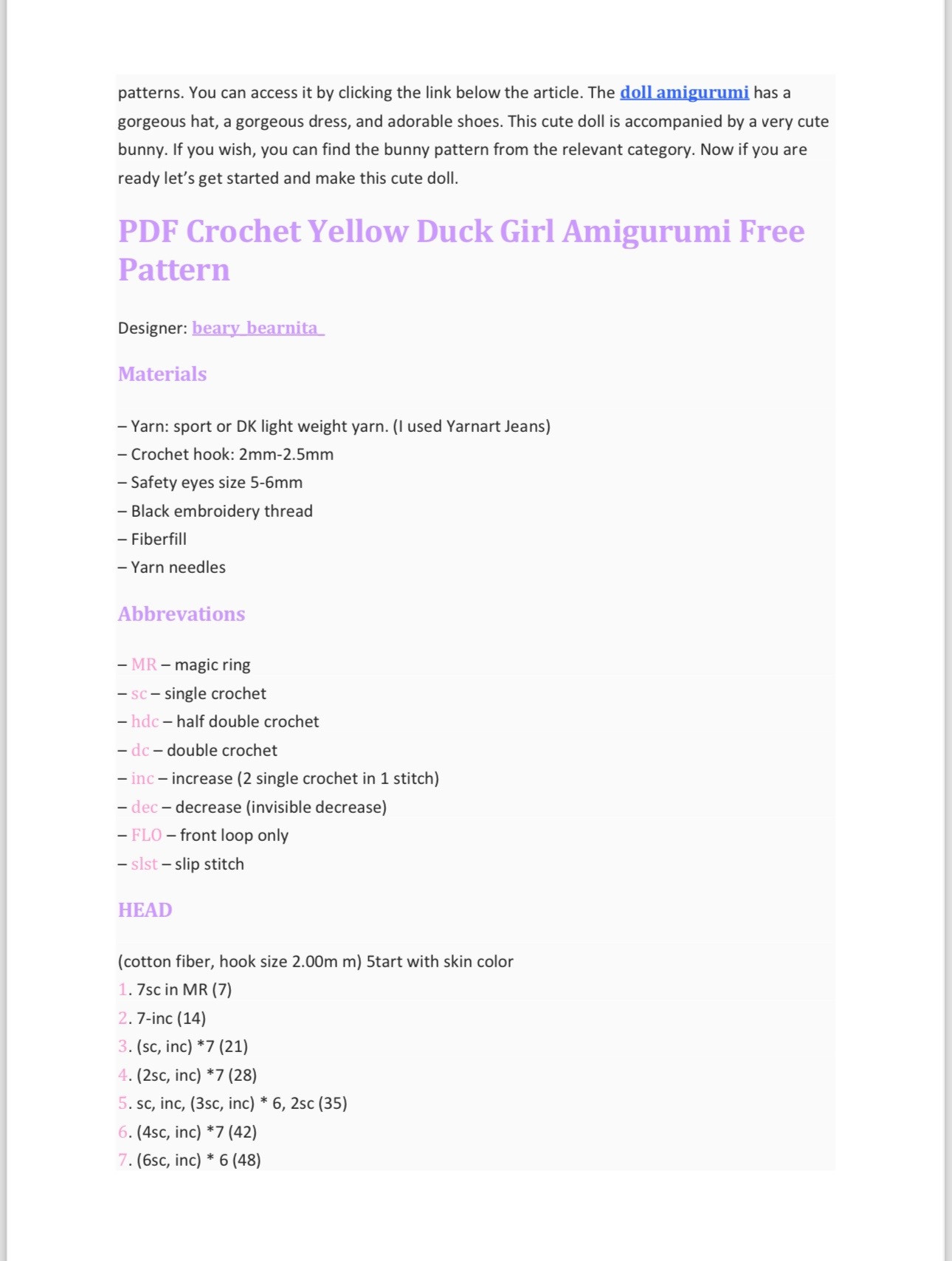 crochet yellow duck girl amigurumi free pattern