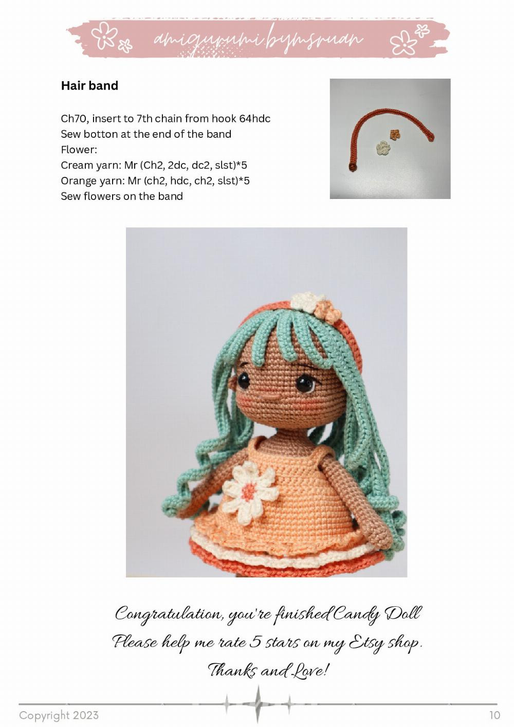 EMILY DOLL, crochet pattern for little girl wearing blue hair dress