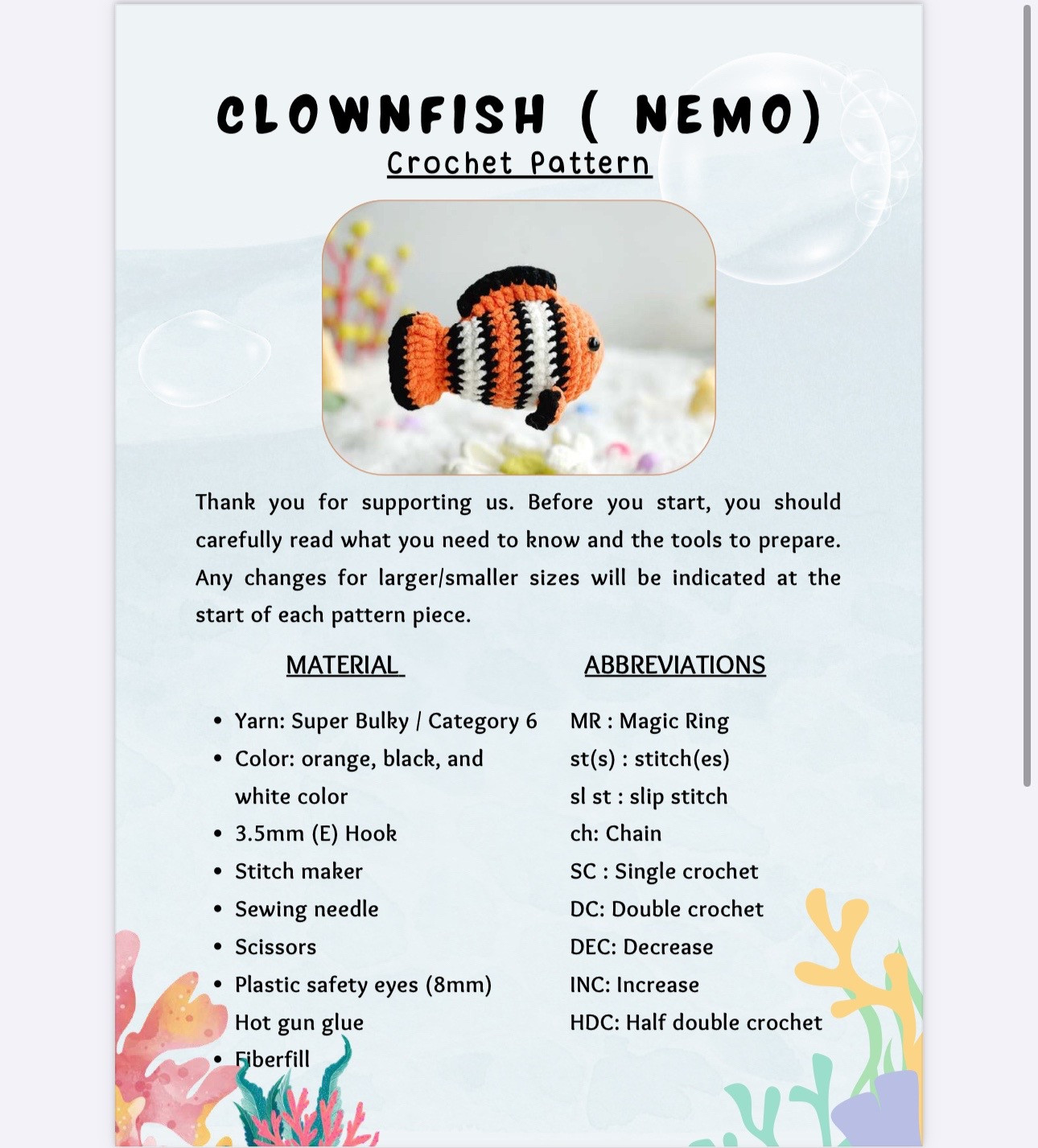 Free clownfish crochet pattern