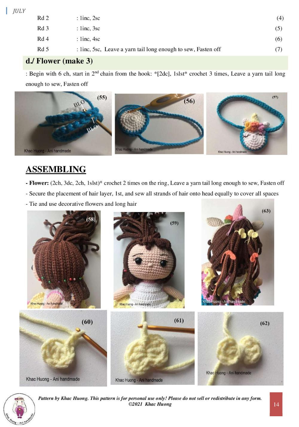 july, Crochet pattern for a girl wearing a unicorn headband