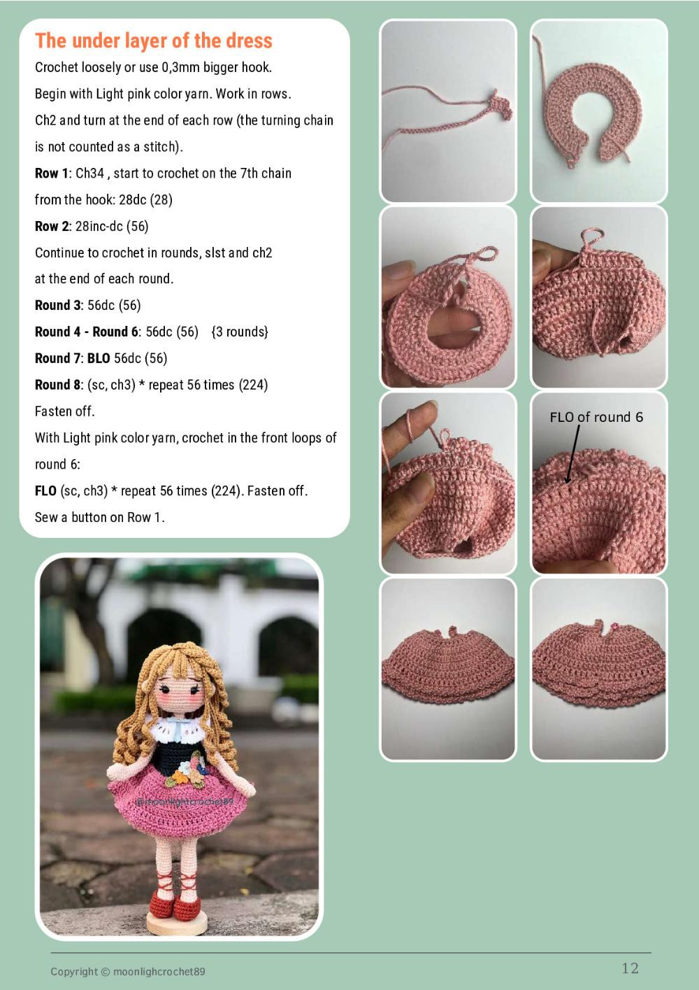 lily doll, Blonde girl doll crochet pattern wearing pink dress.