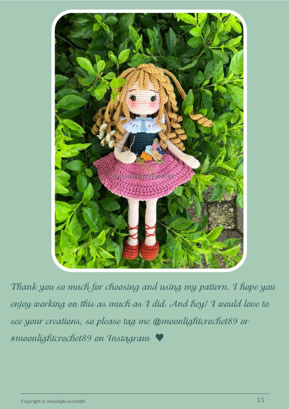 lily doll, Blonde girl doll crochet pattern wearing pink dress.