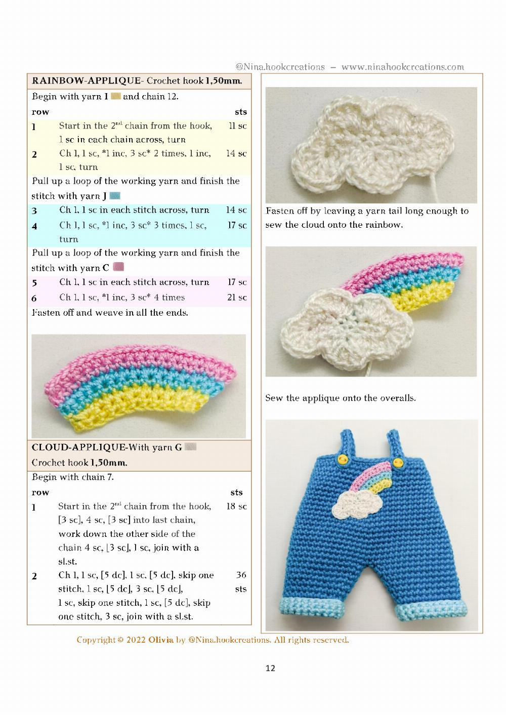 Olivia, Crochet pattern for a girl with her hair in a bun on both sides and wearing overalls