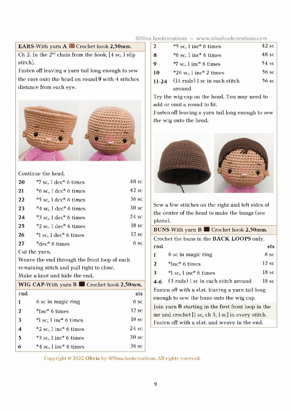 Olivia, Crochet pattern for a girl with her hair in a bun on both sides and wearing overalls