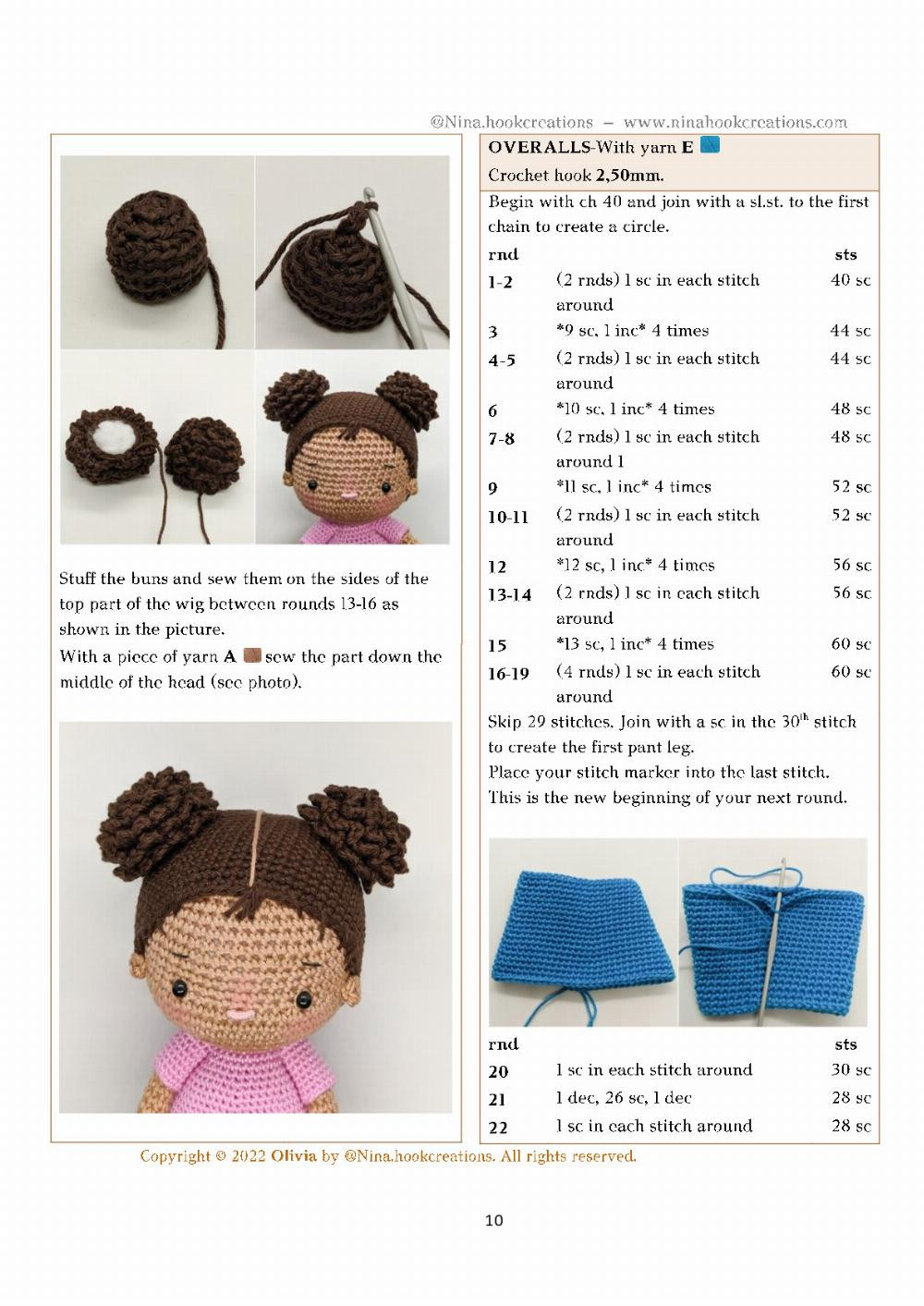 Olivia, Crochet pattern for a girl with her hair in a bun on both sides and wearing overalls