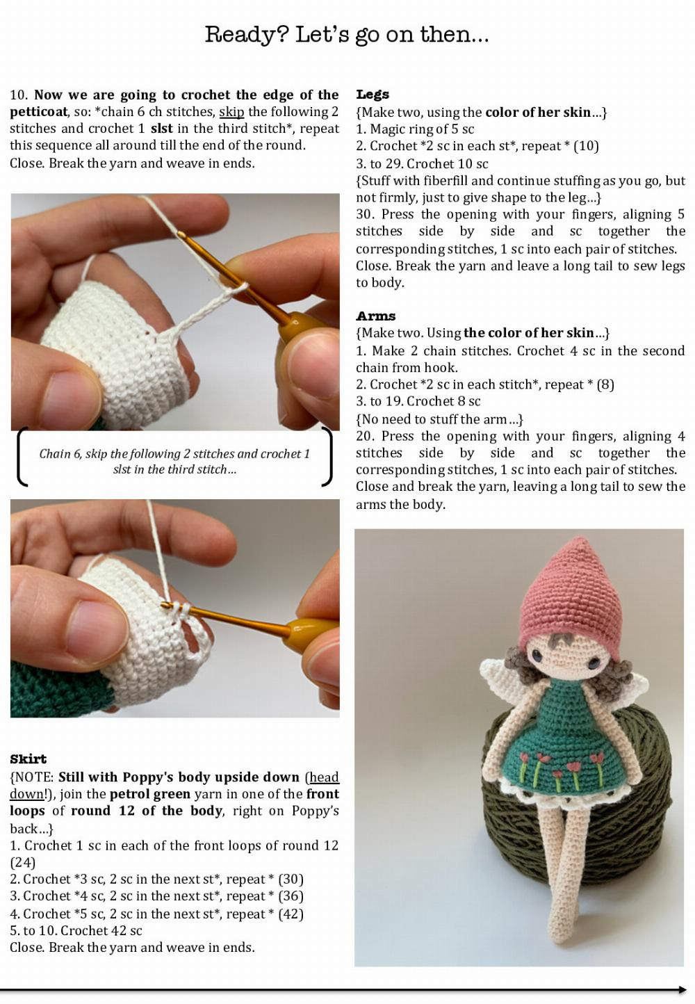 Poppy, the pixie, Crochet pattern for an angel with wings wearing a dress and a hat