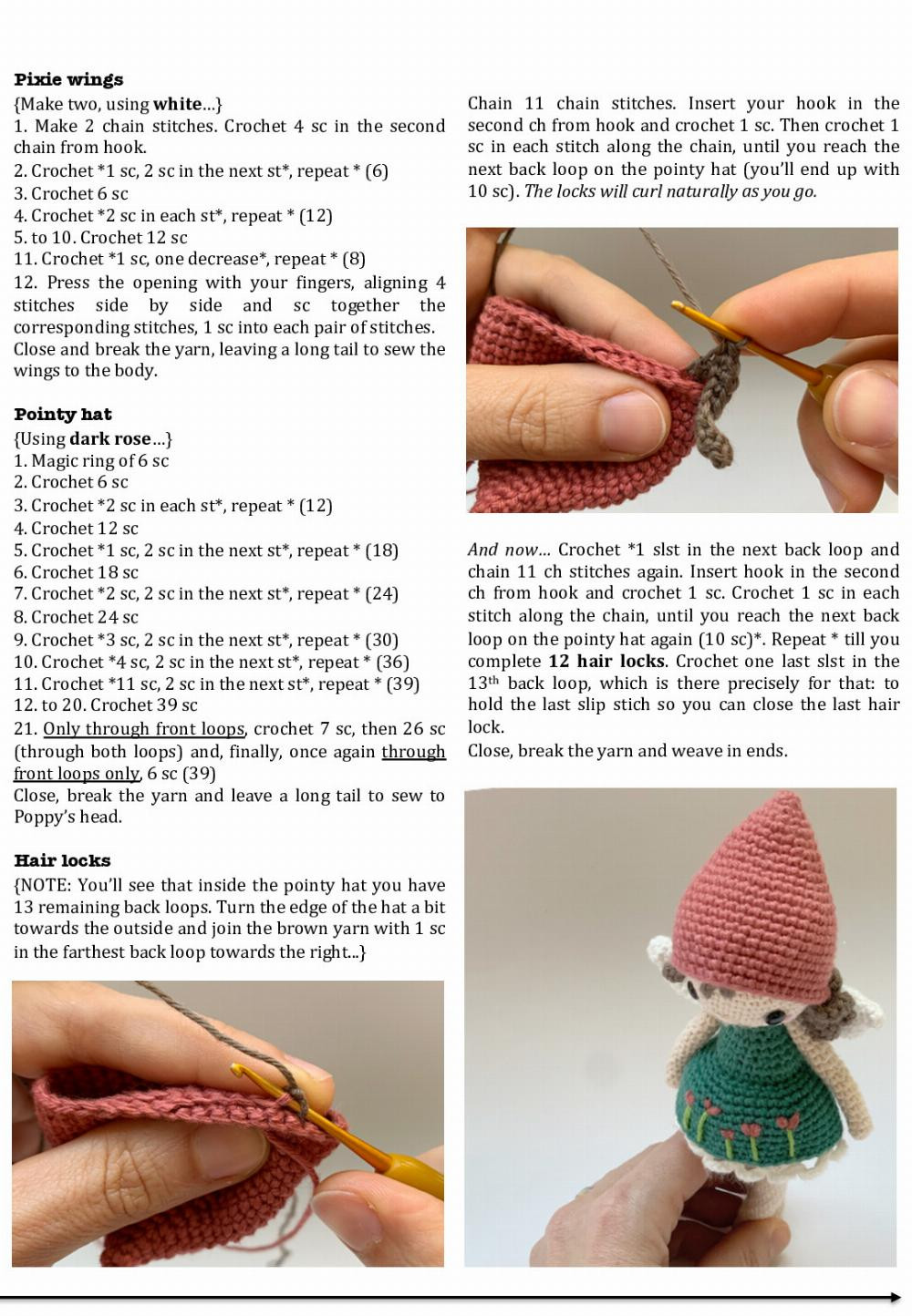 Poppy, the pixie, Crochet pattern for an angel with wings wearing a dress and a hat