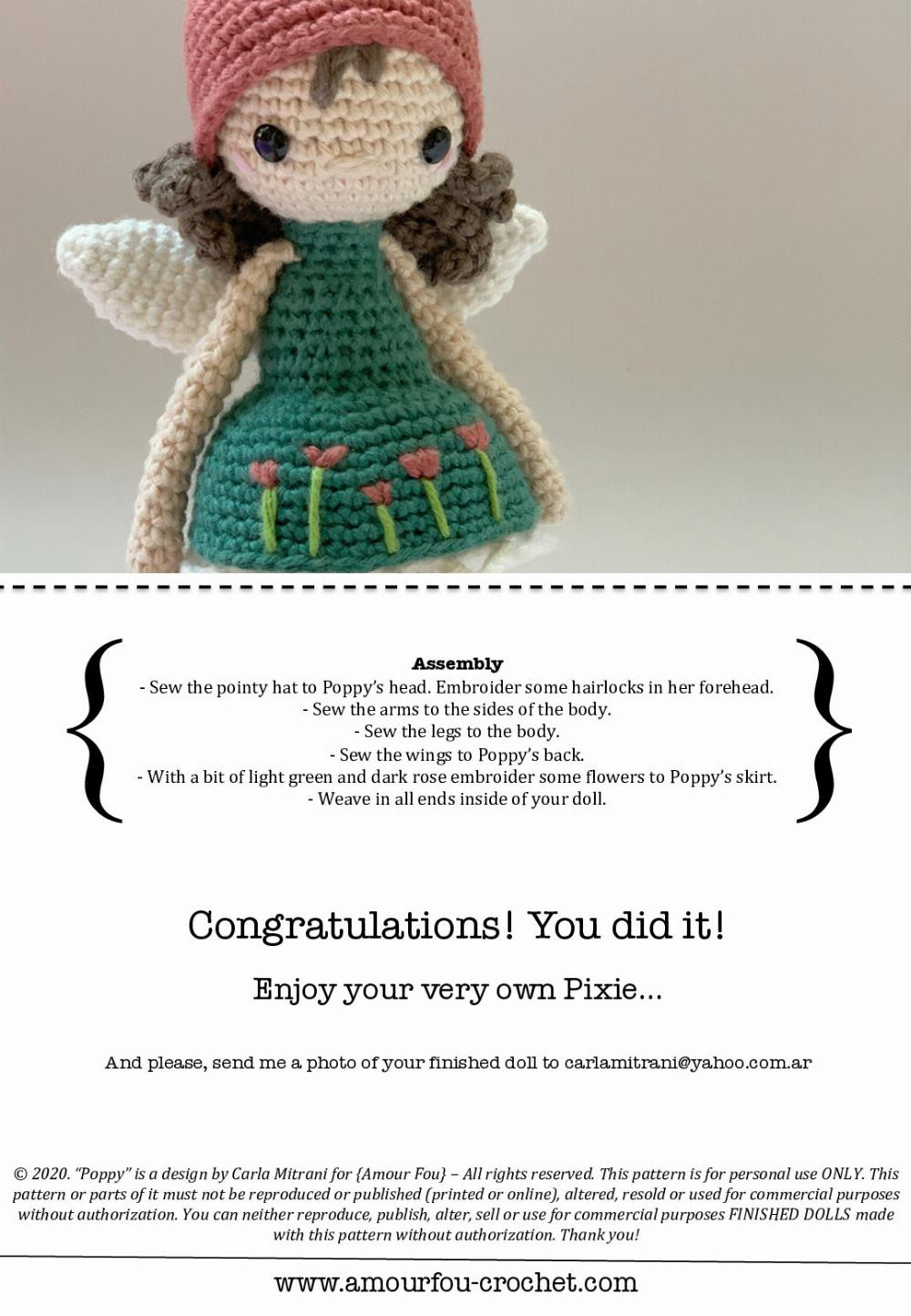 Poppy, the pixie, Crochet pattern for an angel with wings wearing a dress and a hat