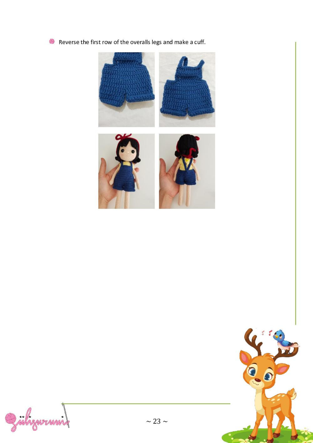 Snow White princess crochet pattern wearing skirt and overalls