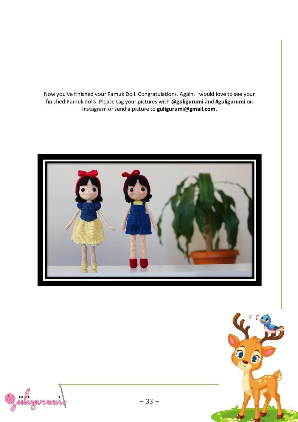Snow White princess crochet pattern wearing skirt and overalls