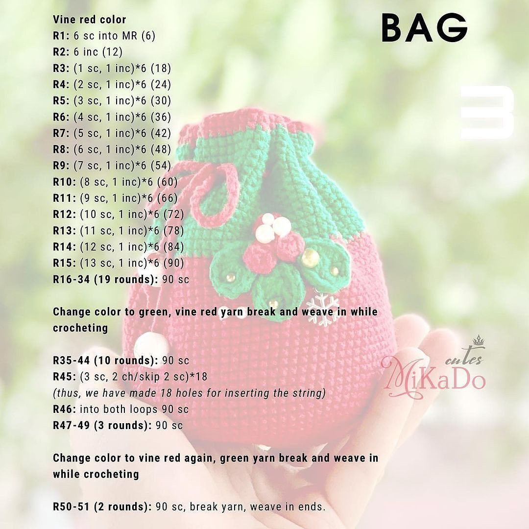 Strawberry drawstring bag and bow crochet pattern