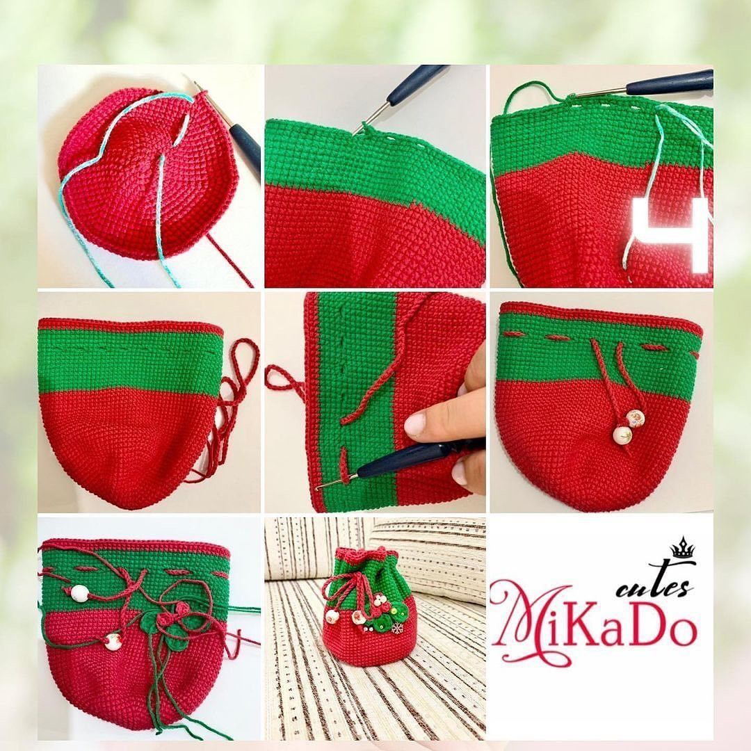 Strawberry drawstring bag and bow crochet pattern